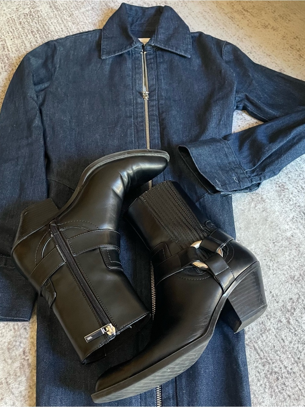 Zara blue denim zipper dress + Zara black ankle boots .